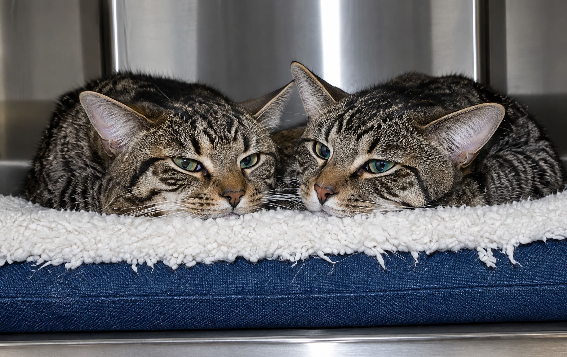Twee tabby katten liggen in een bed
